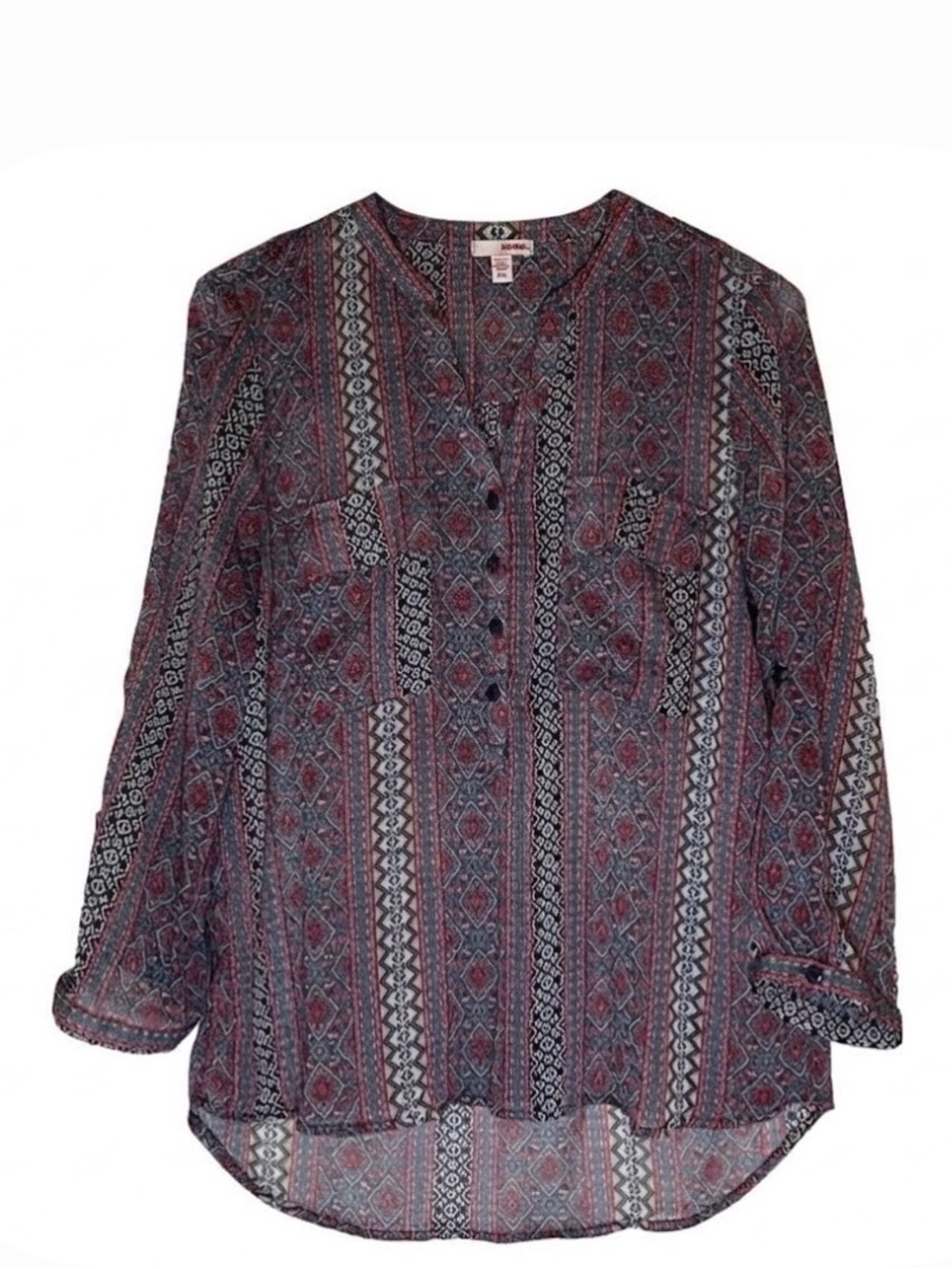 BONGO Semi Sheer Drop Tail Hem Blouse, Women’s L, Blue Red Black White
